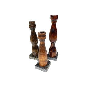 Vintage Set Candle Holders Wood Grain Pillars Marble Bases MCM Retro Decor